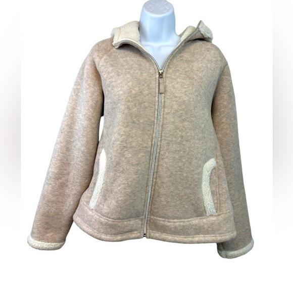 Hoodie Jacket Fleece Frost Zip Up Women’s Size Large Waist Length Warm Tan White - Picture 1 of 16